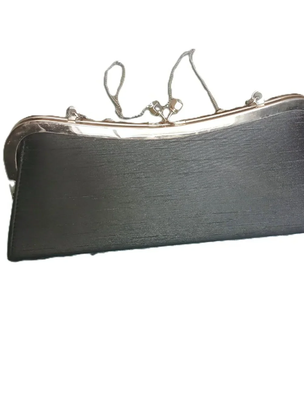 Black Silk Dupioni Crystal Frame Evening Clutch Bag Silver and Crystal strap